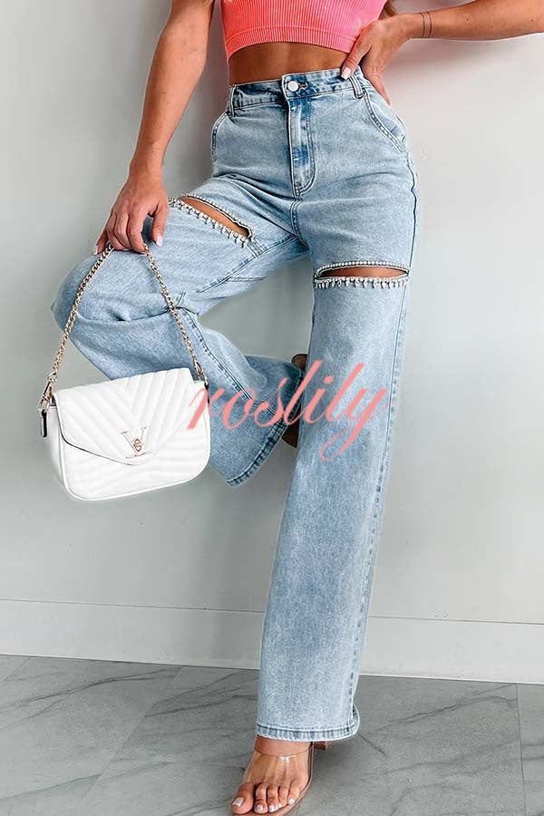 Blowing Your Mind Slit-Front Wide Leg Pocket Rhinestone Jeans