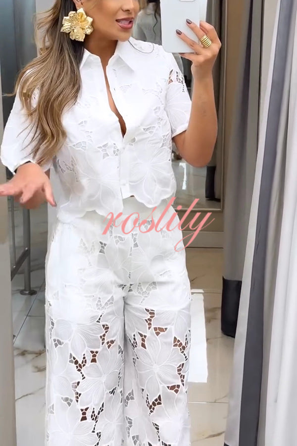 Solid Color Hollow Lace Lapel Short-sleeved Top and Elastic Waist Loose Pocket Pants Set