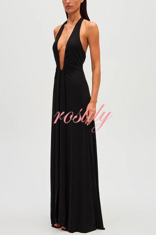 Sexy Silhouette Deep U-neck Halter Waterfall Sash Drape Maxi Dress