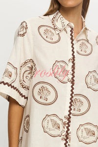 Resort Style Print Lapel Short Sleeve Shirt and Casual Mini Skirt Set
