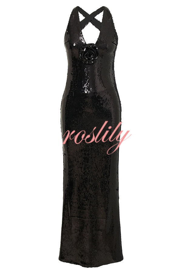 Sicilian Rose Sequin Three-dimensional Floral Sexy Backless Maxi Dress