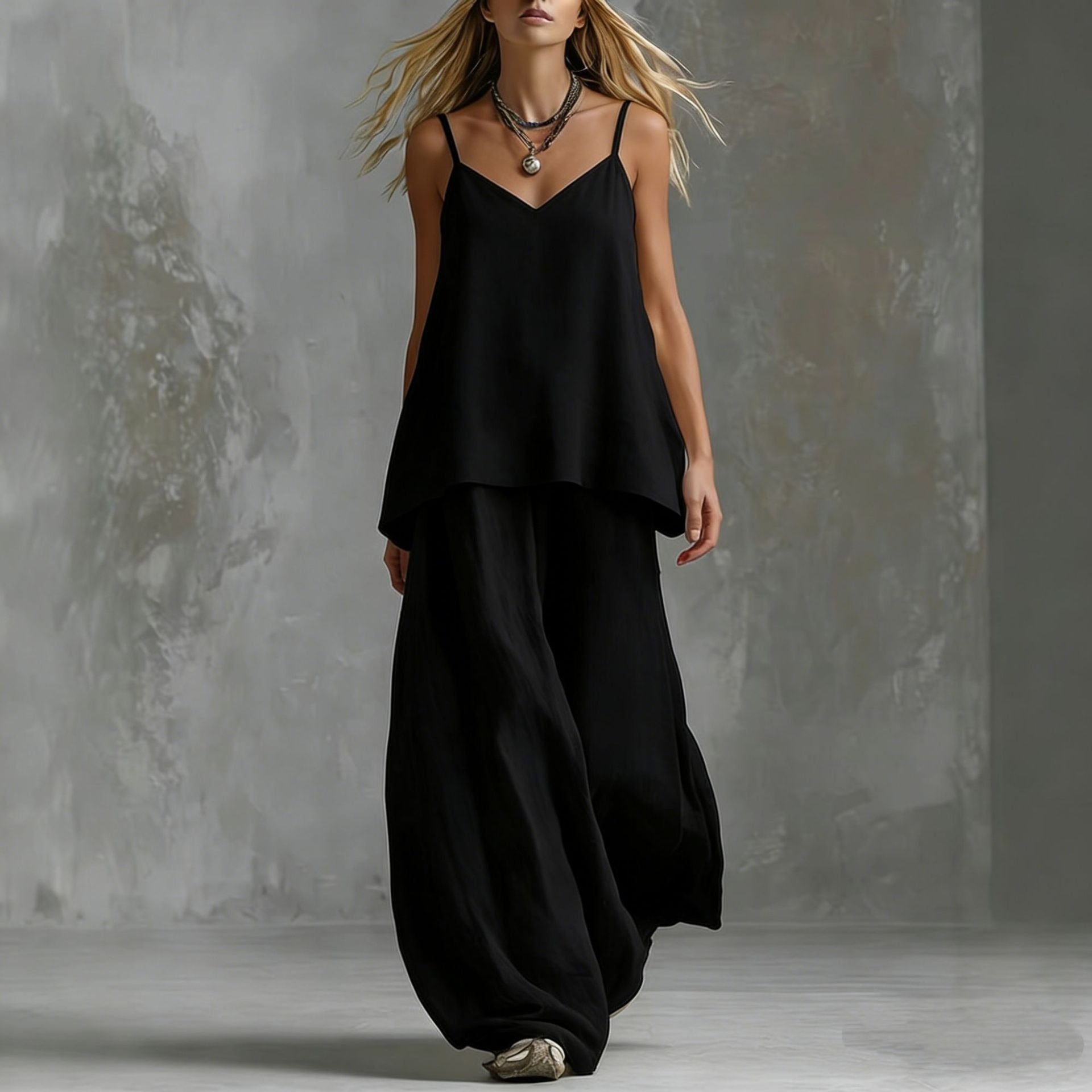 Linen Cami Two-Piece Set - V-Neck Top & Palazzo Pants
