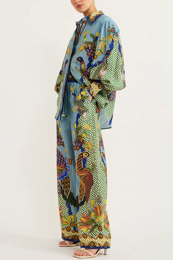 Smyrna Unique Heaven Bird Print Elastic Waist Pocketed Wide Leg Pants