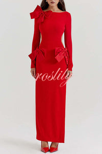 Lovely Bow Cutout Button Back Zipper Long Sleeve Maxi Dress