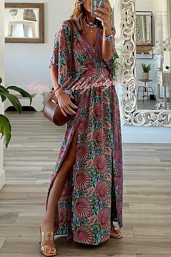 Bohemian Ways Batwing Sleeve Slit Maxi Dress