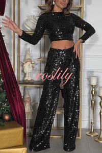 New Start Sequin Long Sleeve Back Tie-up Crop Top and Elastic Waist Loose Pants Set