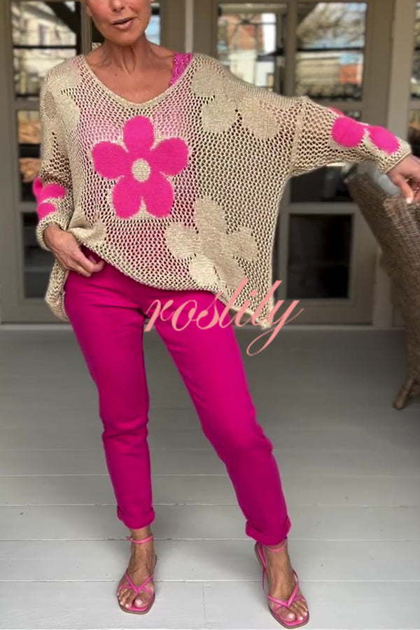 Embroidered Flower Hollow Long-sleeved Holiday Loose Knitted Top