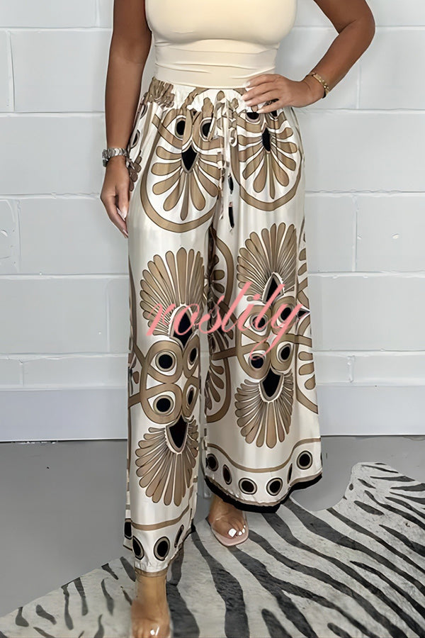 Satin Unique Printed Elastic Waist Tie Casual Vacation Loose Pants