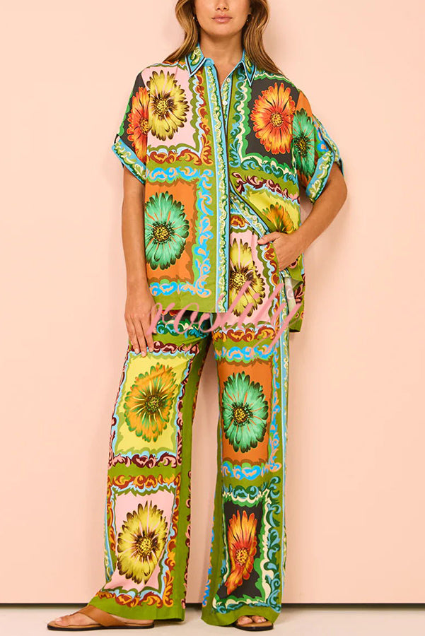 Disco Daisy Unique Printed Colorblock Elastic Waist Pocket Pants Set