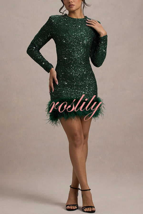 Party Must-have Sequin Long Sleeve Feather Trim Stretch Mini Dress