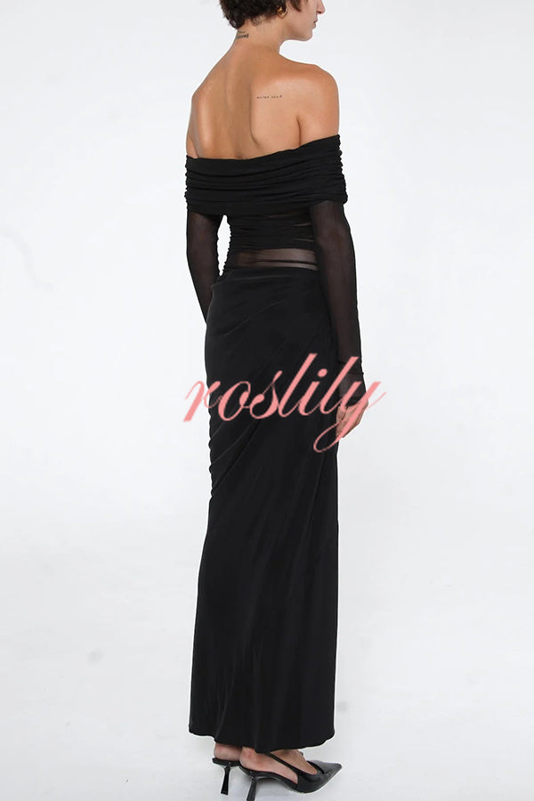 Exquisite Sexy Mesh Patchwork Off Shoulder Cutout Ruched Maxi Dress