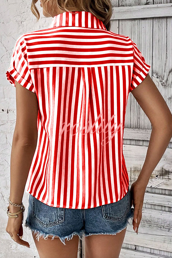 Striped Print Short Sleeve Pocket Shirt Top