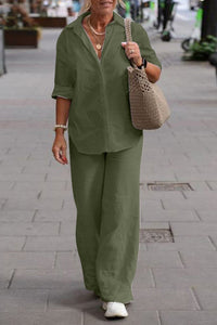 Solid Color Casual Long-sleeved Shirt and Elastic Waisted Loose Wide-leg Pants Set