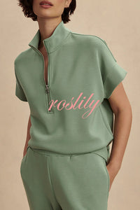 Comfortable and Relaxed Zip-up Short Sleeve Sweatshirt and Elastic Waist Pocket Stretch Pants Set