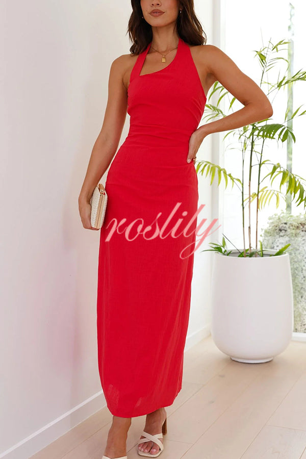 Solid Color Sleeveless Halter Neck Backless Slim Fit Maxi Dress