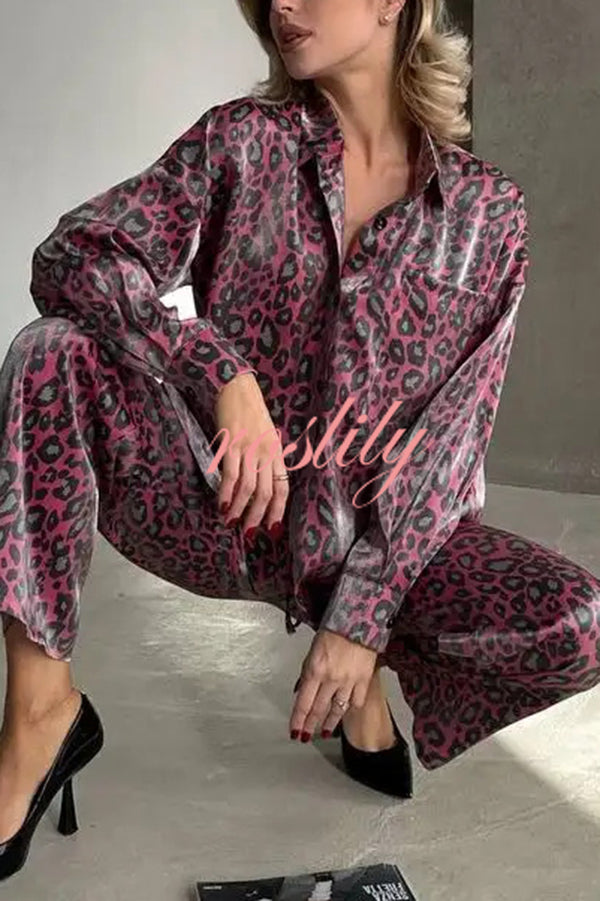 Leopard Print Long-sleeved Casual Top and Loose Elastic Waist Tie Pants Set