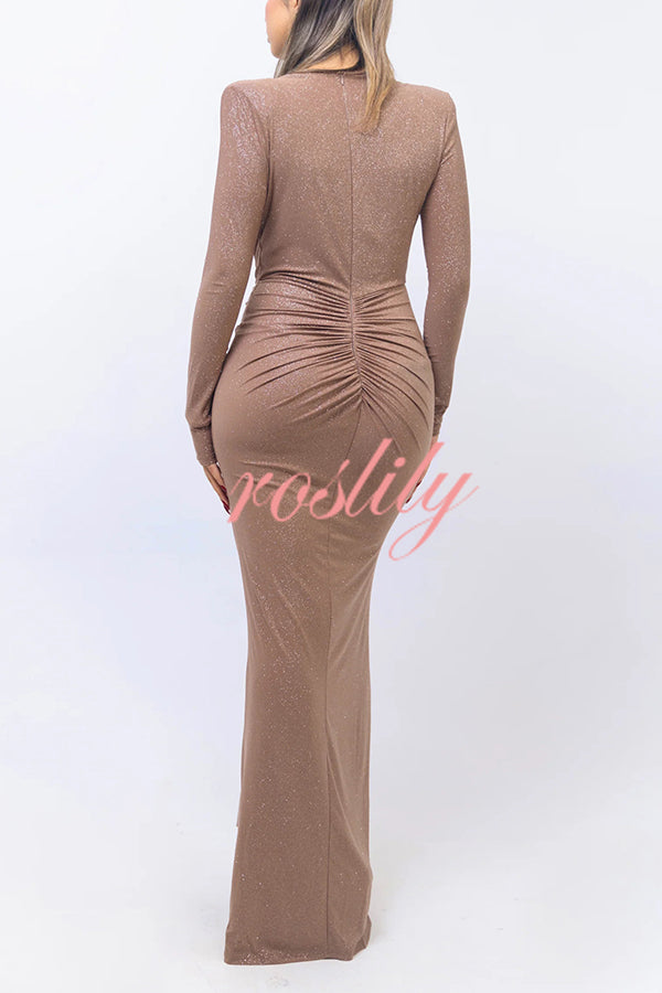 Solid Color Shiny Sexy V-neck Long Sleeve Ribbon Slit Slim Fit Maxi Dress