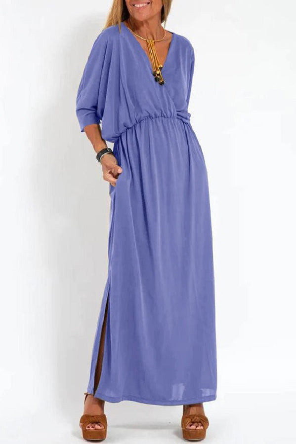 Ultimate Comfort Elastic Waist Half Sleeve Pocketed Slit Maxi Dress