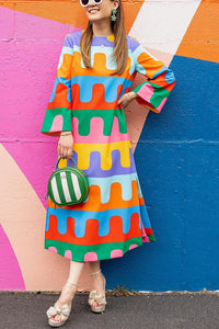 Bright Day Colorful Ripple Print Side Slit Midi Dress