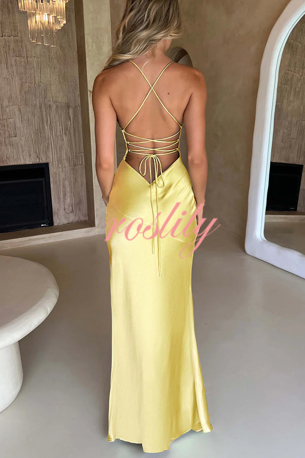 Satin Solid Color Sexy Backless Lace Up High Slit Maxi Dress