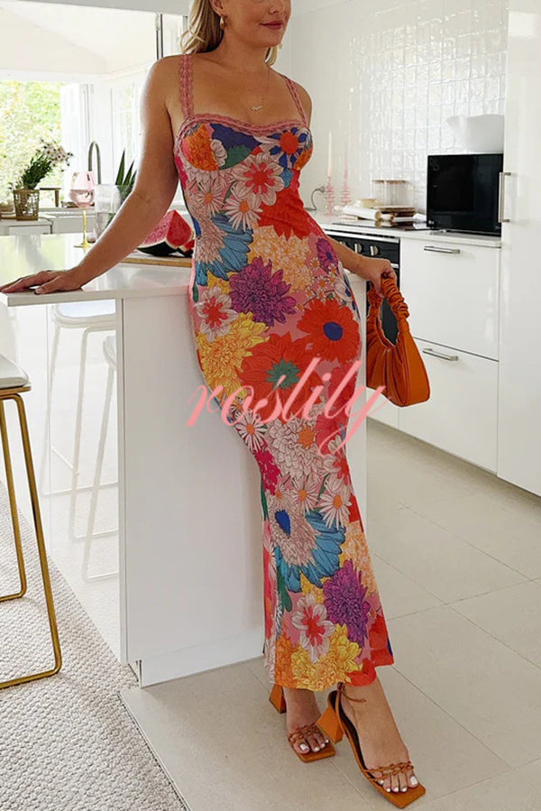 Floral Print Lace Trim Sexy Strapless Backless Slim Fit Maxi Dress