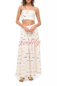 Island Resort Linen Blend Back Smocked Crop Tank and High Rise A-line Maxi Skirt Set