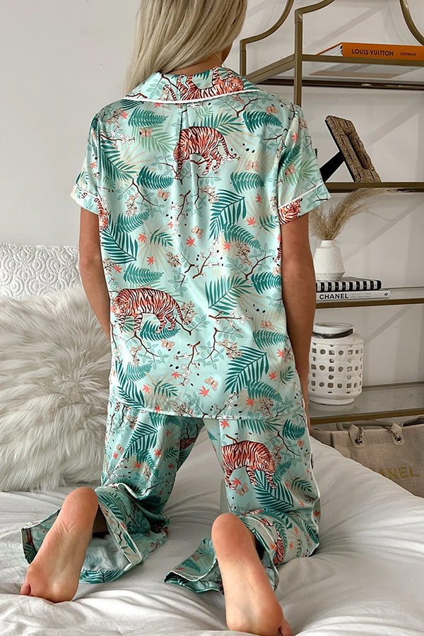 Sleeping Tiger Satin Elastic Waist Pocketed Pajama Pants Set