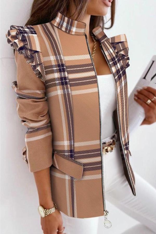 Melrose Plaid Print Ruffles Sleeve Zipper Up Coat