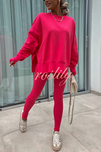 Solid Color Loose Long Sleeve SlitSweatshirt and Elastic Waist Tight Pants Set