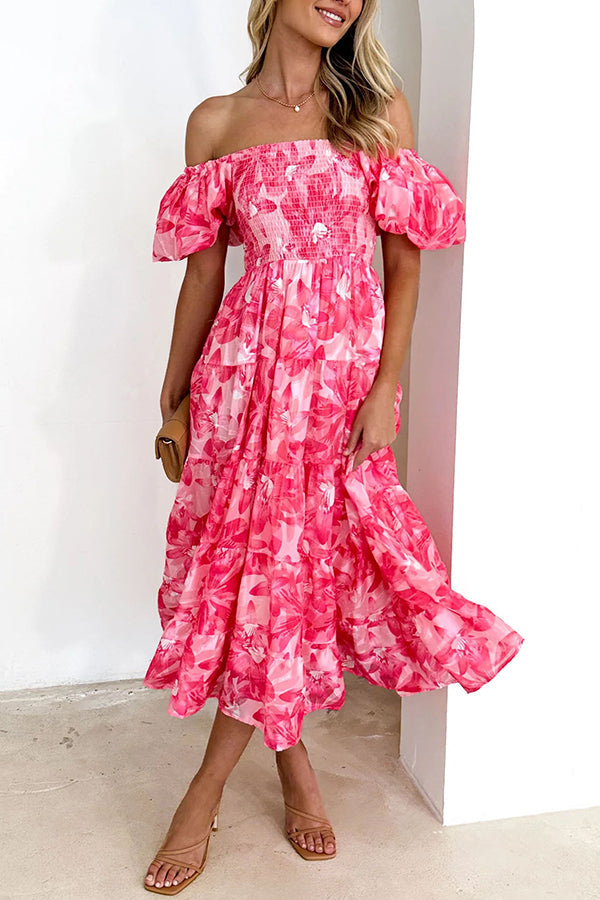 Petal Princess Unique Print Smocked Waist Puff Sleeve Midi Dress