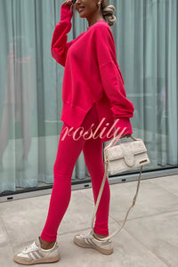 Solid Color Loose Long Sleeve SlitSweatshirt and Elastic Waist Tight Pants Set