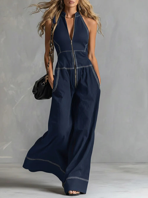 Casual Zippered Cotton Jumpsuit