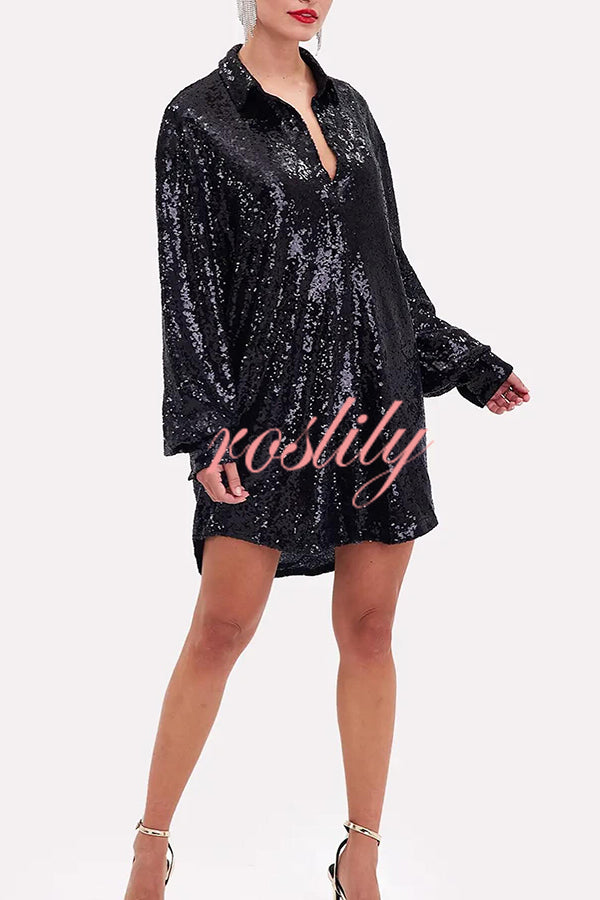 Solid Color Sequined Long-sleeved Casual Mid-length Loose Shirt