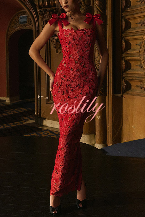 Holiday Intimacy Embroidered Floral Lace Bow Shoulder Straps Slit Maxi Dress