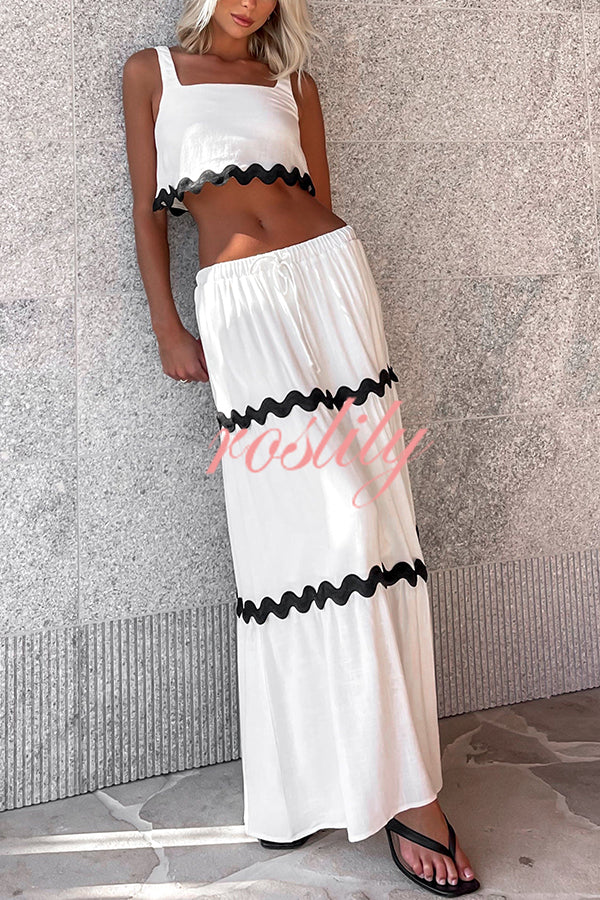 Napa Ric Rac Trims Sleeveless Crop Tank and Drawstring Elastic Waist Pocket Maxi Skirt