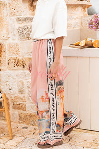 Unique Printed Elastic Waist Vacation Casual Wide Leg Pants