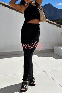 Solid Knit Hollow Halter Top and Stretch Fit Maxi Skirt Set