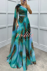 Lucia Unique Print Floral Detail One Shoulder Draped Sleeve Gown Maxi Dress