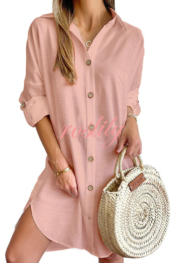 Solid Color Casual Button-Down Shirt Style Mini Dress