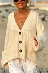 Solid Color Loose Long Sleeve V-neck Pocket Knitted Sweater Cardigan