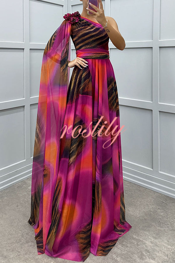 Lucia Unique Print Floral Detail One Shoulder Draped Sleeve Gown Maxi Dress