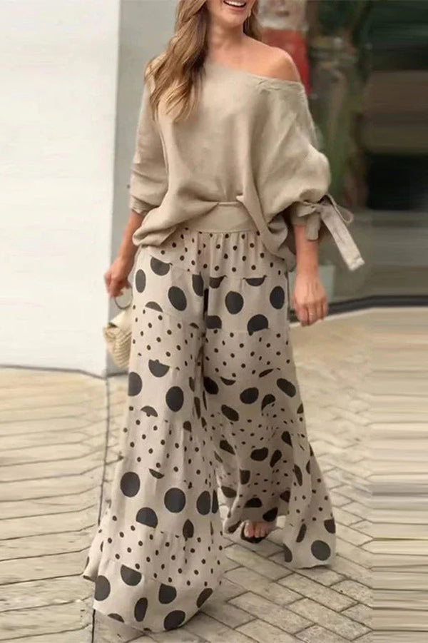 Stylish Tie-cuff Loose Top and Polka Dot Print Pocket Wide Leg Pants Set