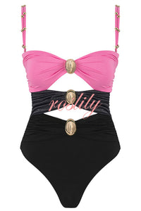 Color Block Patchwork Hollow Metal Decorative Stretch One-piece Swimsuit