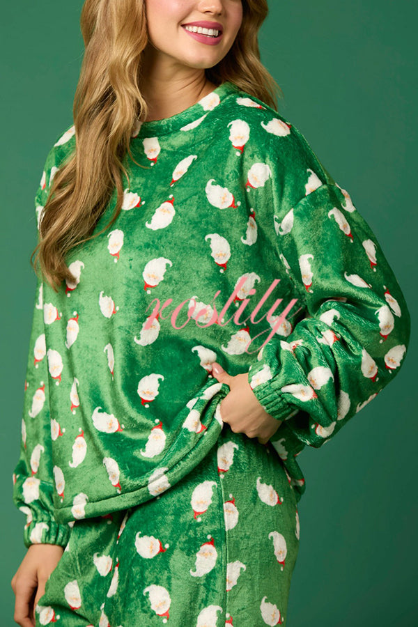 Christmas Printed Crew Neck Long Sleeve Top and Elastic Waist Loose Pants Set