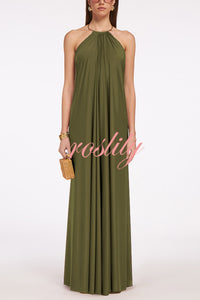 Solid Color Resort Style Halter Neck Open Back Large Hem Maxi Dress