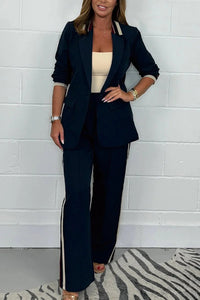 Fashion Lapel Long-sleeved Suit Jacket and Loose Striped Straight Pants Set