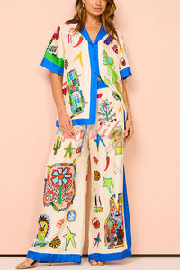 Vibrant Beach Satin Unique Print Colorblock Trim Elastic Waist Pocketed Wide Leg Pants