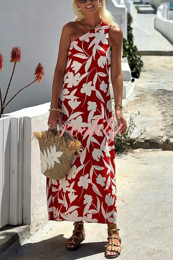 Botanical Floral Print Sleeveless One Shoulder Maxi Dress