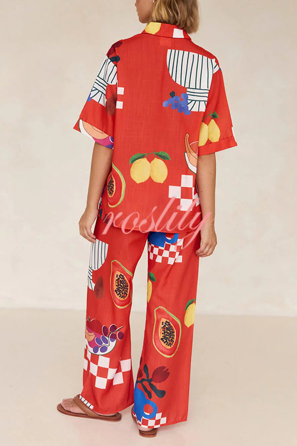 Unique Printed Casual Shirt and Elastic Waist Pants Set