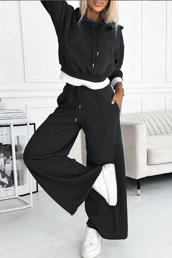 Stylish Patchwork Hooded Sweatshirt and Elastic Waist Tie Pocket Wide Leg Pants Set